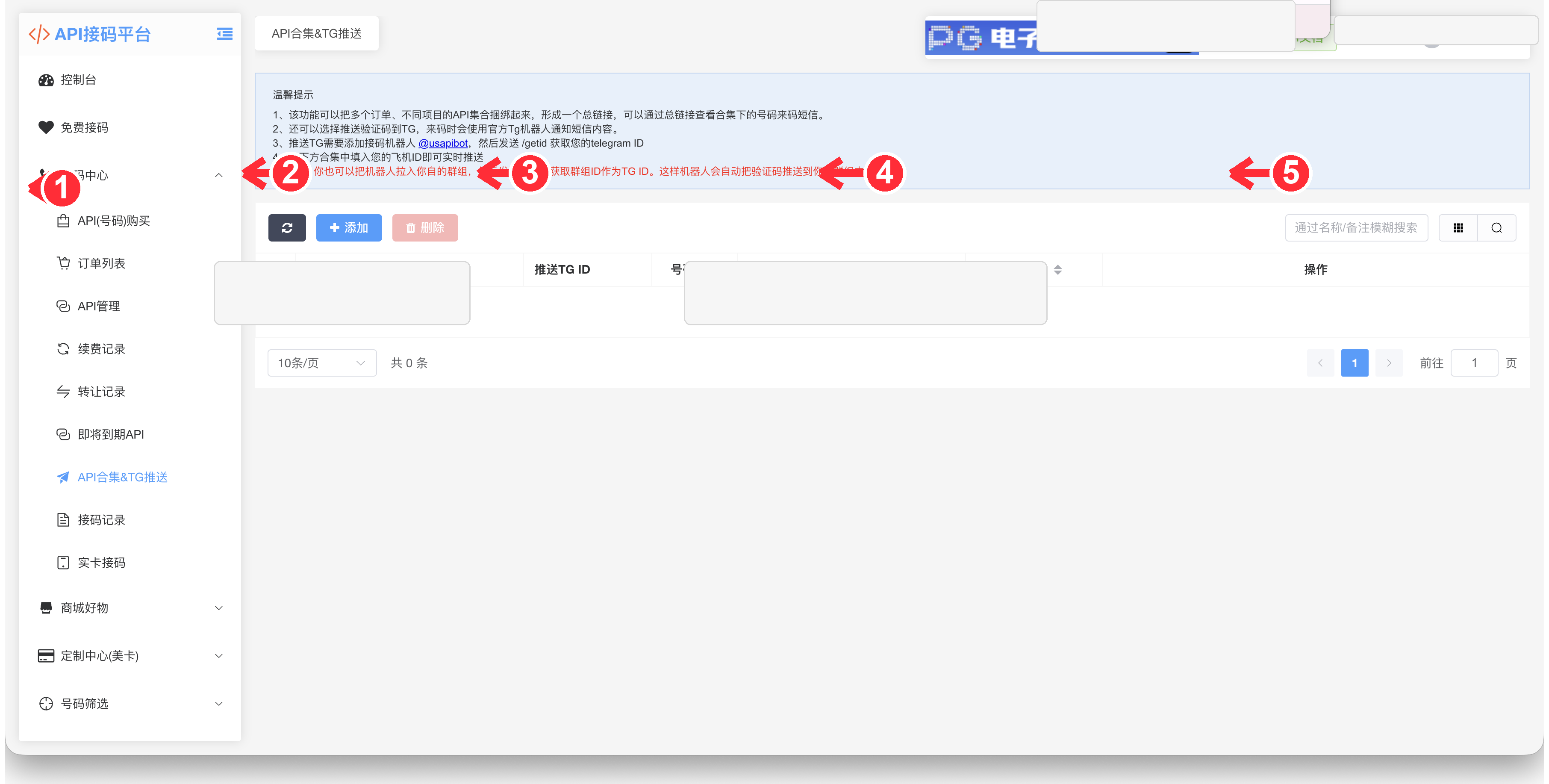 API.CC API 合集与 TG 推送编号教程图，标注粘贴 API、填写 Telegram ID、生成合集和保存推送设置。